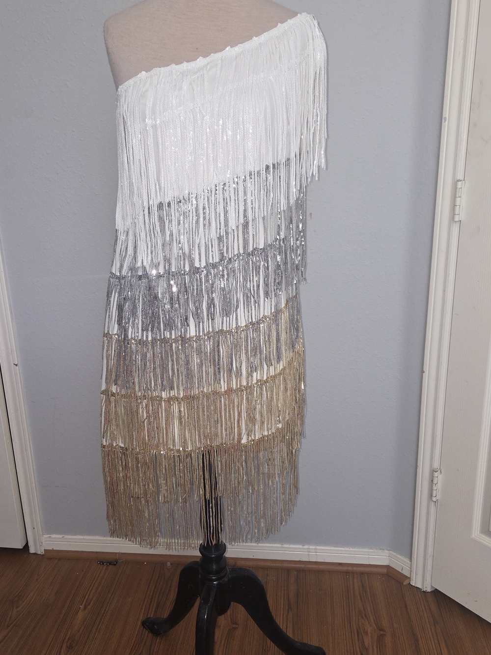 SHEIN One-Shoulder Tiered Fringe Midi Dress in White, Silver & Gold
